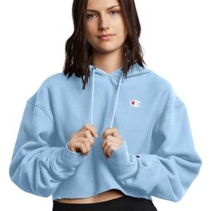 NEW Light Blue Champion Logo Cropped CutOff Hoodie